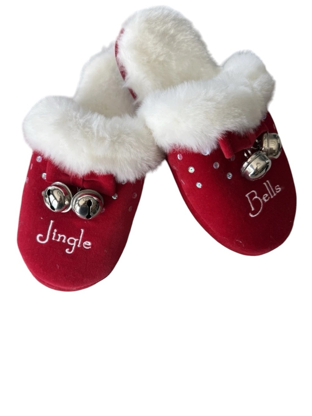 Christmas Jingle Bells Slippers Red Faux Fur Trim Holiday Slippers - Medium